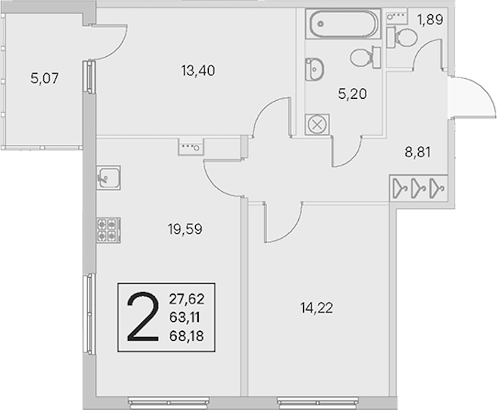 2-комнатная квартира 63.11 м², 1/4 эт., ЖК «Любоград в Стрельне»